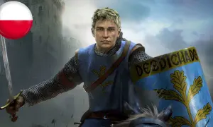 Rycerz z tarczą i mieczem, gotowy do walki. Polska flaga w tle. Idealny do gry Crusader Kings 2 spolszczenie.