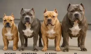 Cztery psy rasy bully w różnych rozmiarach: Pocket, Standard, Classic i XL.