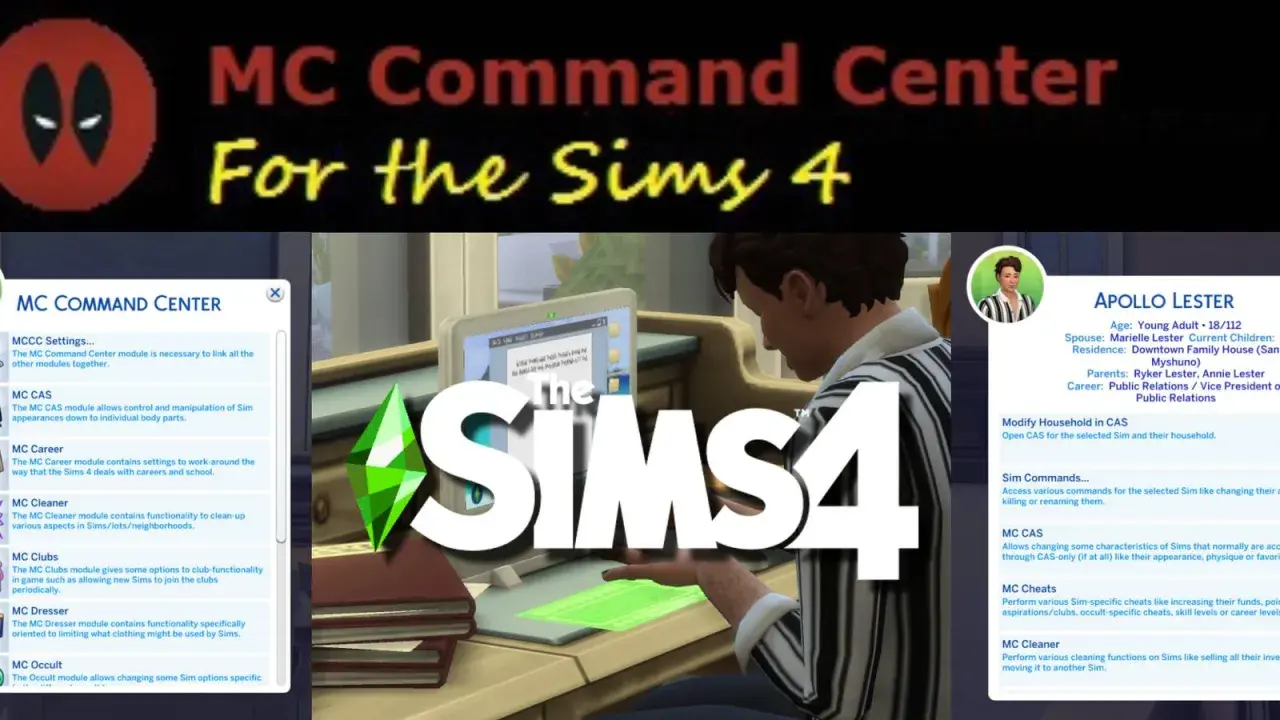 Panel MC Command Center w grze The Sims 4. Pozwala na modyfikację Simów, karier i nie tylko.