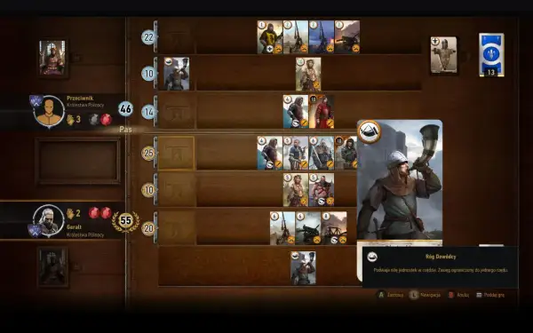 Geralt gra w Gwinta, jego przeciwnik ma 46 punktów, a on 55. Na stole widać karty jednostek i specjalną kartę "Róg Dowódcy".