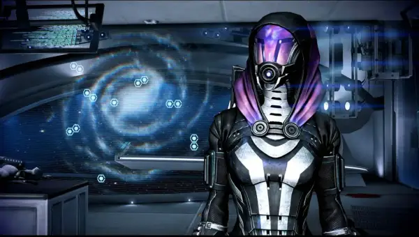 Tali'Zorah z Mass Effect 3, w tle galaktyka. Czy jej romans z Shepardem będzie miał szczęśliwe zakończenie?